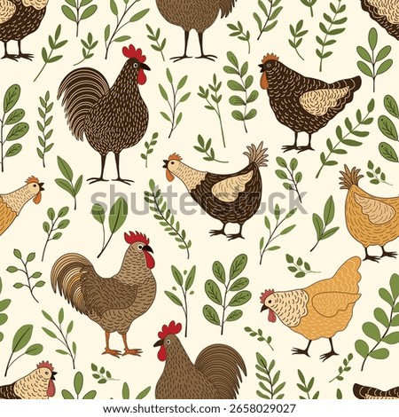 Seamless pattern with cute cartoon chickens  on white background