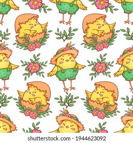 Seamless pattern with cute cartoon chicks and flowers. Fabric design, wallpaper, kids decor.