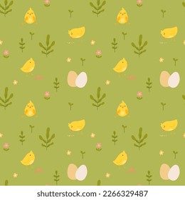 Seamless pattern with cute cartoon chicks. Easter festive illustration. Cute lovely family of domestic fowl or poultry birds. Childish flat cartoon vector illustration.