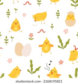 Seamless pattern with cute cartoon chicks. Easter festive illustration. Cute lovely family of domestic fowl or poultry birds. Childish flat cartoon vector illustration.