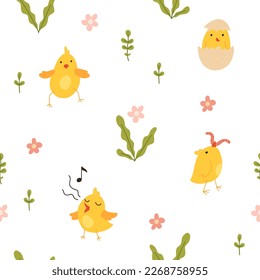 Seamless pattern with cute cartoon chicks. Easter festive illustration. Cute lovely family of domestic fowl or poultry birds. Childish flat cartoon vector illustration.