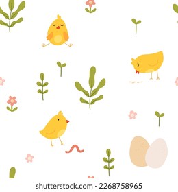 Seamless pattern with cute cartoon chicks. Easter festive illustration. Cute lovely family of domestic fowl or poultry birds. Childish flat cartoon vector illustration.