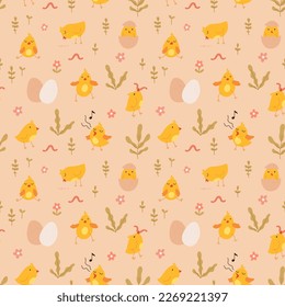 Seamless pattern with cute cartoon chicks. Easter festive illustration. Cute lovely family of domestic fowl or poultry birds. Childish flat cartoon vector illustration.