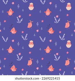 Seamless pattern with cute cartoon chicks. Easter festive illustration. Cute lovely family of domestic fowl or poultry birds. Childish flat cartoon vector illustration.