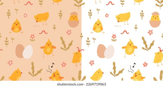 Seamless pattern with cute cartoon chicks. Easter festive illustration. Cute lovely family of domestic fowl or poultry birds. Childish flat cartoon vector illustration.