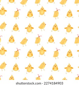 Seamless pattern with cute cartoon chicks. Easter festive illustration. Cute lovely family of domestic fowl or poultry birds. Childish flat cartoon vector illustration.