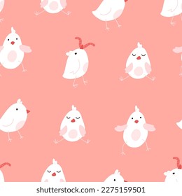 Seamless pattern with cute cartoon chicks. Easter festive illustration. Cute lovely family of domestic fowl or poultry birds. Childish flat cartoon vector illustration.