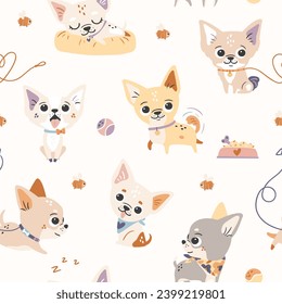 Seamless pattern with cute cartoon chihuahua dogs, bowl and balls. Good for fabrics, pet goods, wrapping paper. Vector pattern.