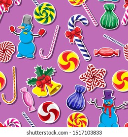 Seamless pattern with cute cartoon Christmas snowman, candy cane. Vector image esp 10