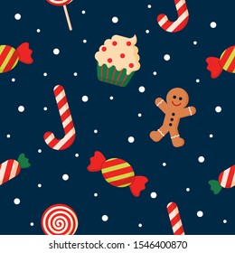 seamless pattern with cute cartoon christmas candy isolated on blue background. vector Illustration.