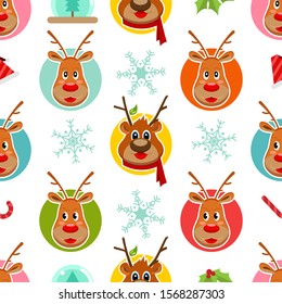 Seamless pattern with cute cartoon Christmas Reindeer and Bear on white background. Merry Christmas and Happy New Year. Vector illustration.
