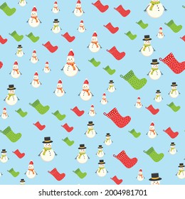 Seamless pattern with cute cartoon Christmas snowman and stocking with xmas tree