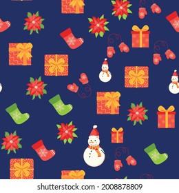 Seamless pattern with cute cartoon Christmas snowman, gifts, poinsettia, mittens and red, green stocking. Christmas packaging