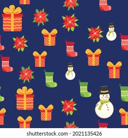 Seamless pattern with cute cartoon Christmas snowman, gifts, poinsettia, holly berries and red, green stocking. Christmas packaging