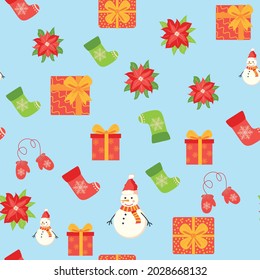 Seamless pattern with cute cartoon Christmas snowman, gifts, poinsettia, mittens and red, green stocking. Christmas packaging