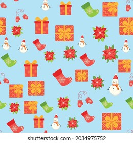 Nahtloses Muster mit süßem Cartoon Weihnachtsschneemann, Geschenken, Poinsettia, Fingern und rotem, grünem Strumpf. Weihnachtsverpackung