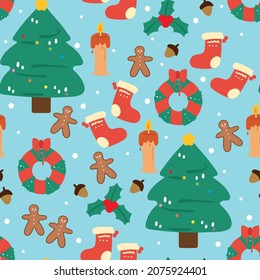 Seamless pattern with cute cartoon christmas and winter stuff. for fabric print and textile, kids wallpaper, gift wrapping paper