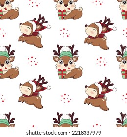 seamless pattern with cute cartoon christmas reindeer in knitted santa hat and gifts