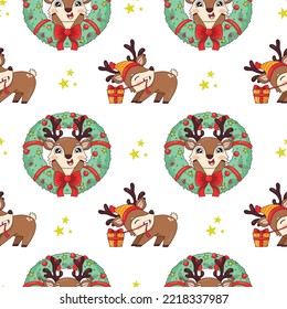 seamless pattern with cute cartoon christmas reindeer with gifts and wreath