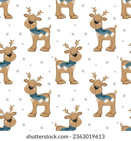 Seamless pattern, cute cartoon Christmas reindeer on a white background with snowflakes. Print, textile, vector	

