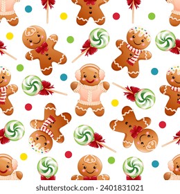 Seamless pattern with cute cartoon Christmas gingerbread men. Hand drawn vector illustration. Funny xmas background