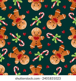 Seamless pattern with cute cartoon Christmas gingerbread men and candy cane. Hand drawn vector illustration.