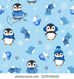 Padrão contínuo com bonitos pinguins de Natal desenhos animados e meia de Natal em um fundo azul. Para decoração têxtil, embalagem.