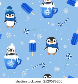 Seamless Pattern with cute cartoon Christmas penguins and ice cream on a blue background. For decoration textile, packaging.