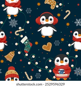Seamless Pattern with cute cartoon Christmas penguins and Christmas gingerbread on a dark background. For decoration textile, packaging.