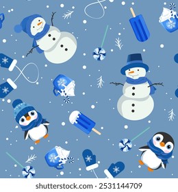 Patrón sin fisuras con lindas Navidades de dibujos animados pingüinos, muñeco de nieve y helado sobre un fondo azul. Para decoración textil, embalaje.
