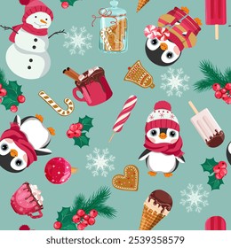 Seamless Pattern with cute cartoon Christmas penguins, ice cream and Christmas gingerbread. For decoration textile, packaging.