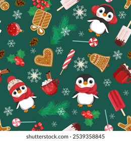 Seamless Pattern with cute cartoon Christmas penguins, ice cream and Christmas gingerbread on a green background. For decoration textile, packaging.