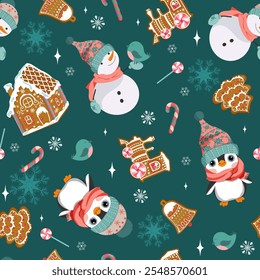 Seamless Pattern with cute cartoon Christmas penguins, snowman, gifts and Christmas gingerbread. For decoration textile, packaging.