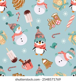 Seamless Pattern with cute cartoon Christmas penguins, ice cream and Christmas gingerbread. For decoration textile, packaging.