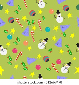 Seamless pattern with cute cartoon Christmas bells, candy cane, holly berries, smiling snowman, balls and stars