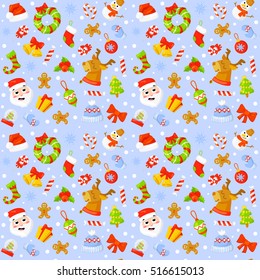 Seamless pattern with cute cartoon Christmas mittens, candy cane, holly berries, smiling snowman and red stocking with xmas tree New year traditional symbols. icons objects. Vector clip art