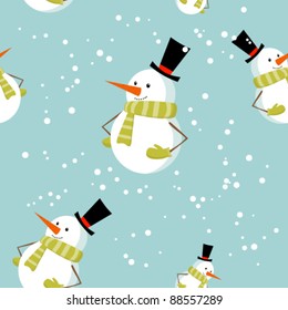 Seamless pattern with cute cartoon Christmas snowman on snow winter background