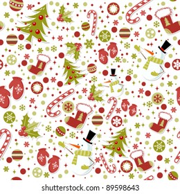 Seamless pattern with cute cartoon Christmas mittens, candy cane, holly berries, smiling snowman and red stocking with xmas tree