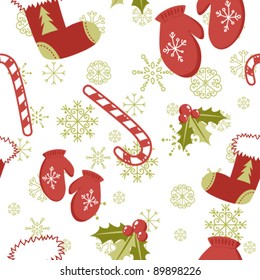 Seamless pattern with cute cartoon Christmas mittens, candy cane, holly berries and red stocking with xmas tree