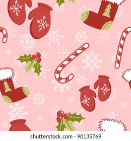 Seamless pattern with cute cartoon Christmas mittens, candy cane, holly berries and red stocking with xmas tree