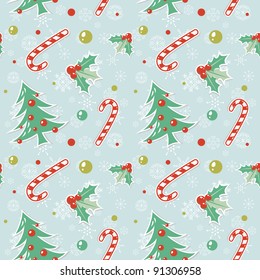 Seamless pattern with cute cartoon Christmas tree with balls, candy cane, holly berries