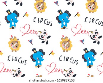 Seamless pattern, Cute cartoon circus elephant, lion and panda isolated on white background illustration vector.