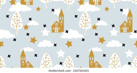 Seamless pattern. Cute cartoon city. Clouds, trees, stars, house, sky. Vector illustration for children's fabrics, backgrounds, wallpapers.