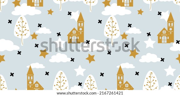 Seamless pattern. Cute cartoon city. Clouds,\
trees, stars, house, sky. Vector illustration for children\'s\
fabrics, backgrounds,\
wallpapers.