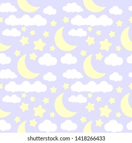 seamless pattern with cute cartoon cloud, stars and moon design on blue background
