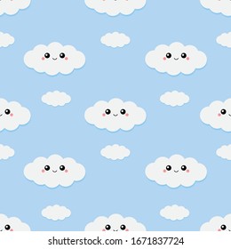 Seamless Pattern.  Cute cartoon cloud kawaii funny smiling baby character. Nursery decoration. Wrapping paper, textile template. Pink and blue background. Flat design. Vector