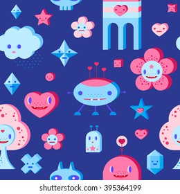 Seamless pattern with cute cartoon cloud, scull, flower, heart, robots, tree and small characters. Pink, light pink, blue, light blue, sky blue, vinous, dark blue background.