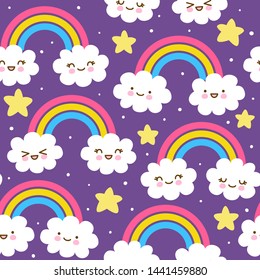 Seamless pattern with cute cartoon clouds with rainbows and stars