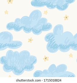 Seamless pattern with cute cartoon clouds. Vector childish background with sky and stars. Hand drawn doodle texture for your design.