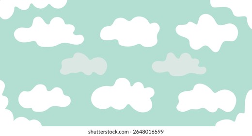 Seamless pattern with cute cartoon clouds on mint green background, minimalist sky design for kids or decorative projects